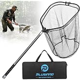 PLUSINNO Large Fishing Net, 3.4-7.7 FT Carbon Fiber Fish Net with Long Telescoping Handle, Kayak Fishing Gear Accessories Foldable Landing Net for Bass, Trout, Catfish, Fishing Gifts for Men Father