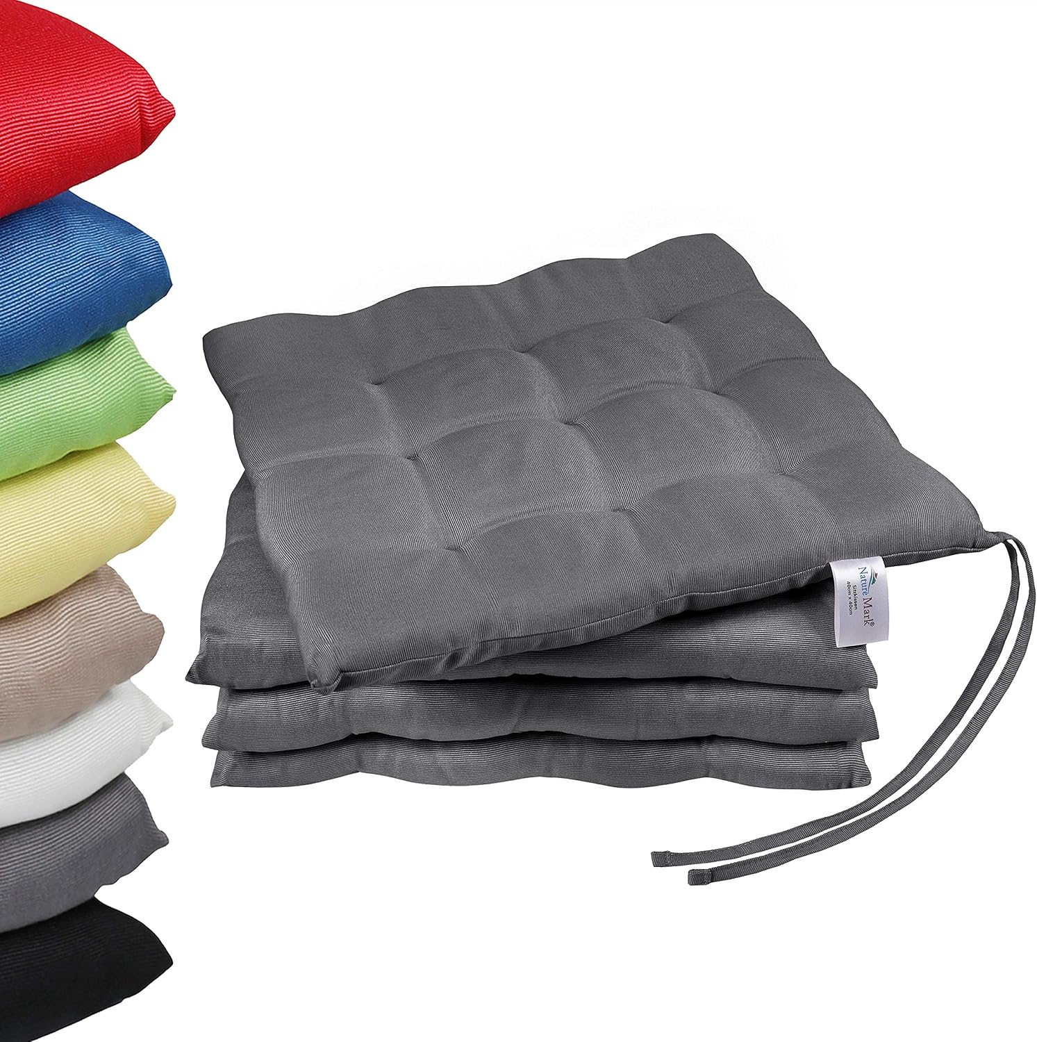 NatureMark Stuhlkissen 4er-Set – 40x40 Cm Mit Bändern – Anthrazit – Öko-Tex, Waschbar – Für Innen & Außen