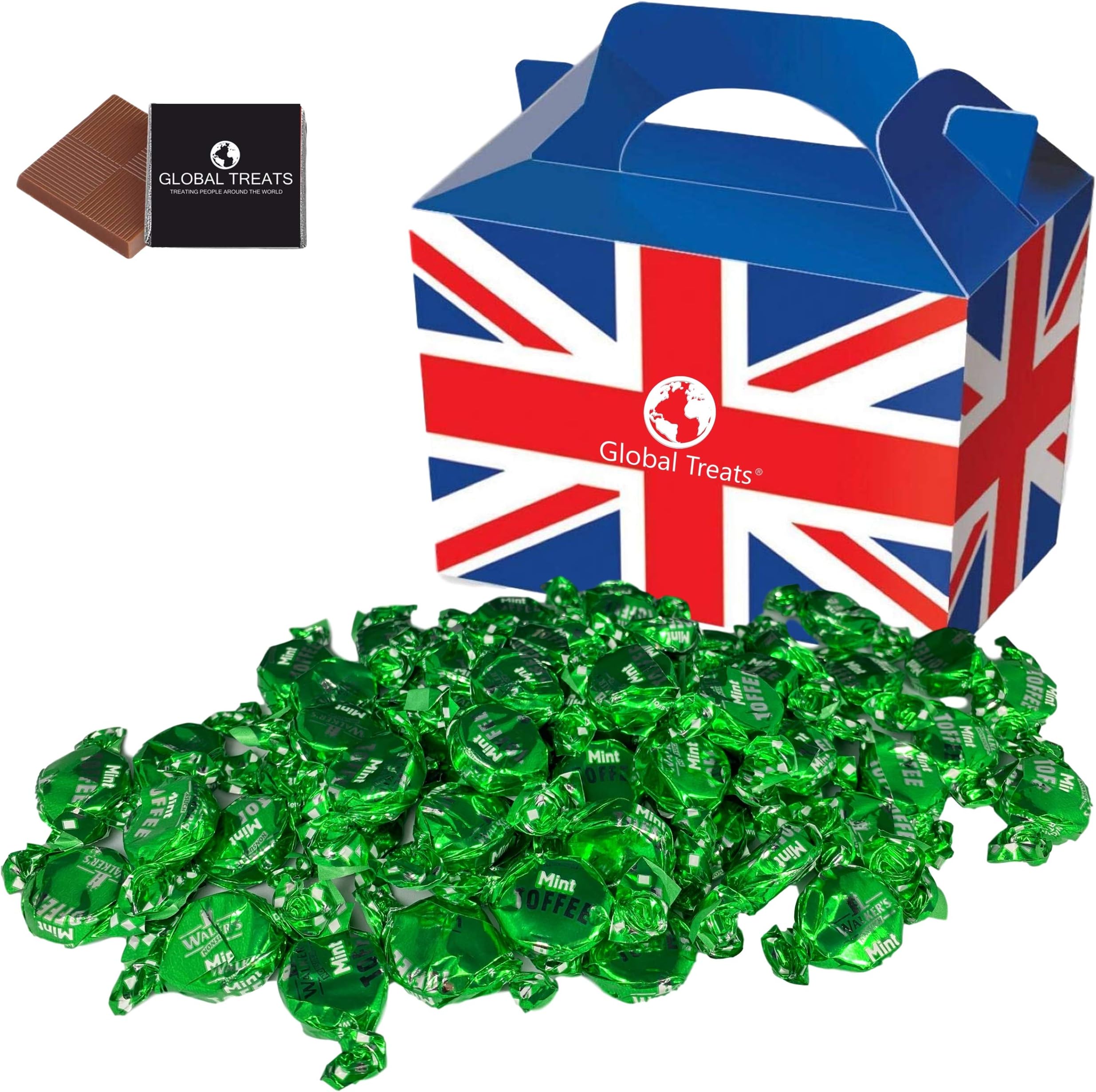 Walker's Nonsuch Mint Toffees 500g/17.64oz. Caringly presented in a Union Jack Gift Box with a Free Global Treats Chocolate.