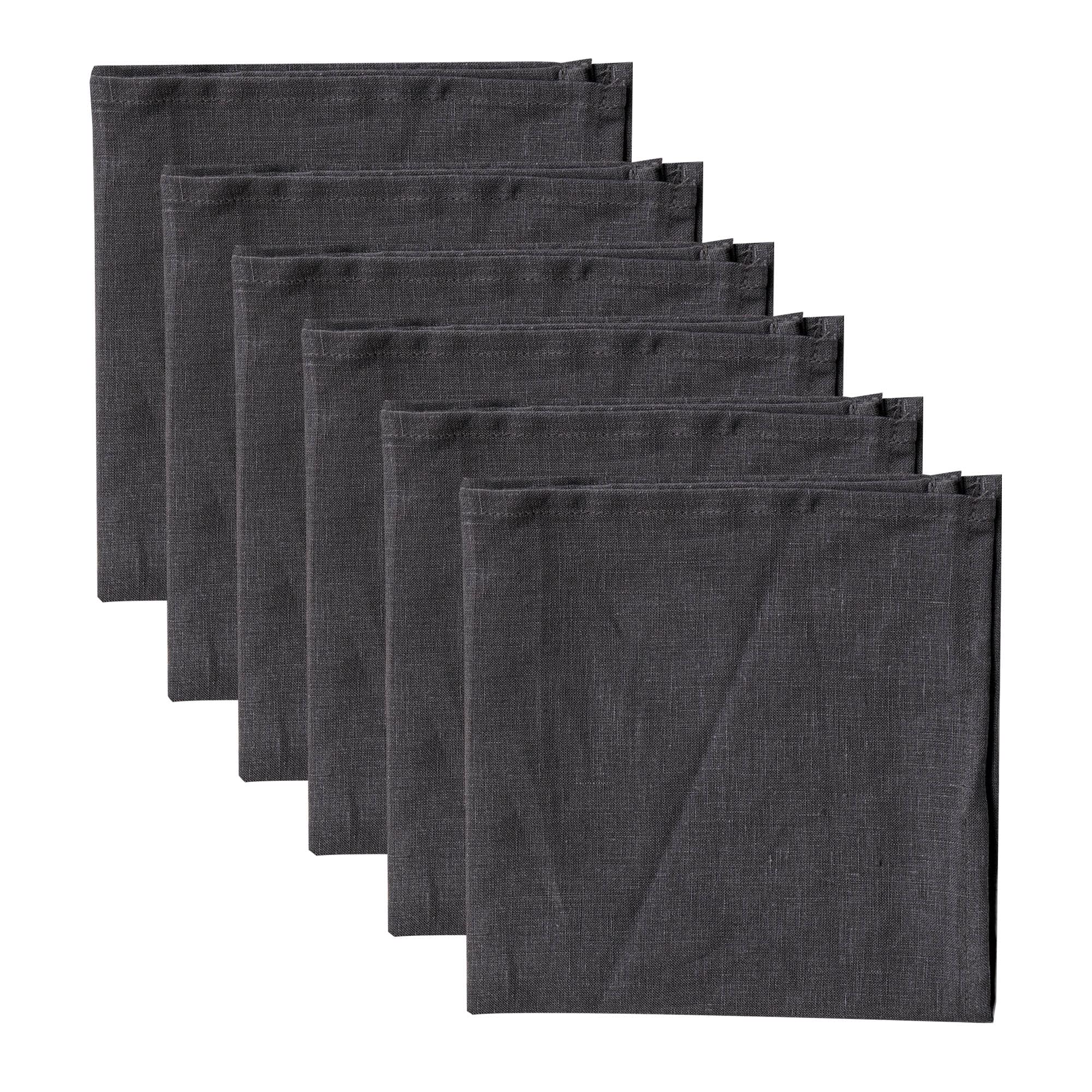 Linendo 100% Pure Linen Dinner Cloth Napkins 38 x 38 cm Black Grey - Set of 6 Pack European Flax Natural Fabric Washable for Home and Kitchen