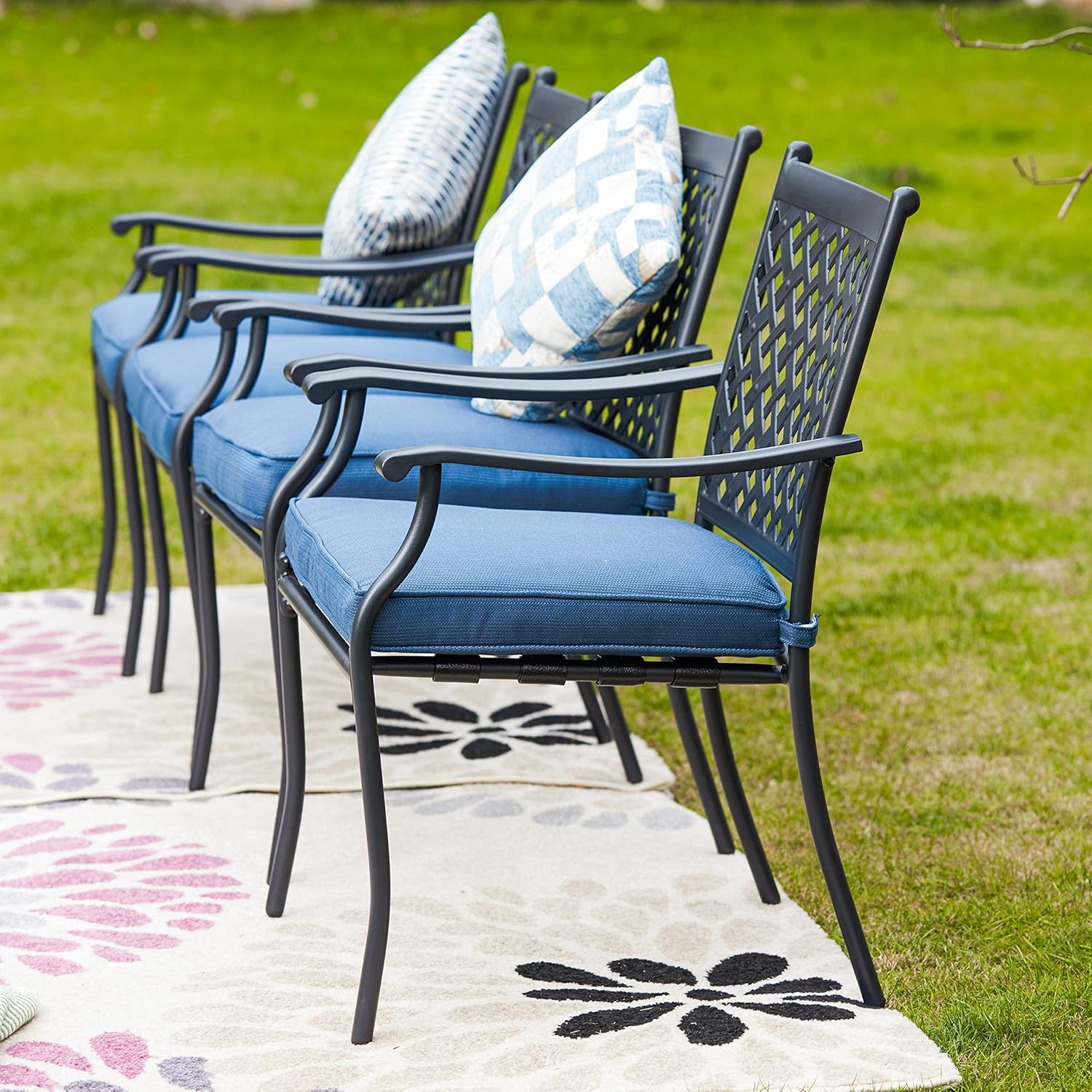 LOKATSE HOME 4 Piece Outdoor Patio Metal Wrought Iron Dining Chair Set with Arms and Seat Cushions - Blue : Garden & Outdoor