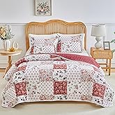 Joyreap 3 Pieces Floral Patchwork Quilt Set Twin, Burgundy Red n White Flowers Design, Smooth Soft Microfiber Quilt, Bedspread Bed Cover for All Season, 90x90 inches