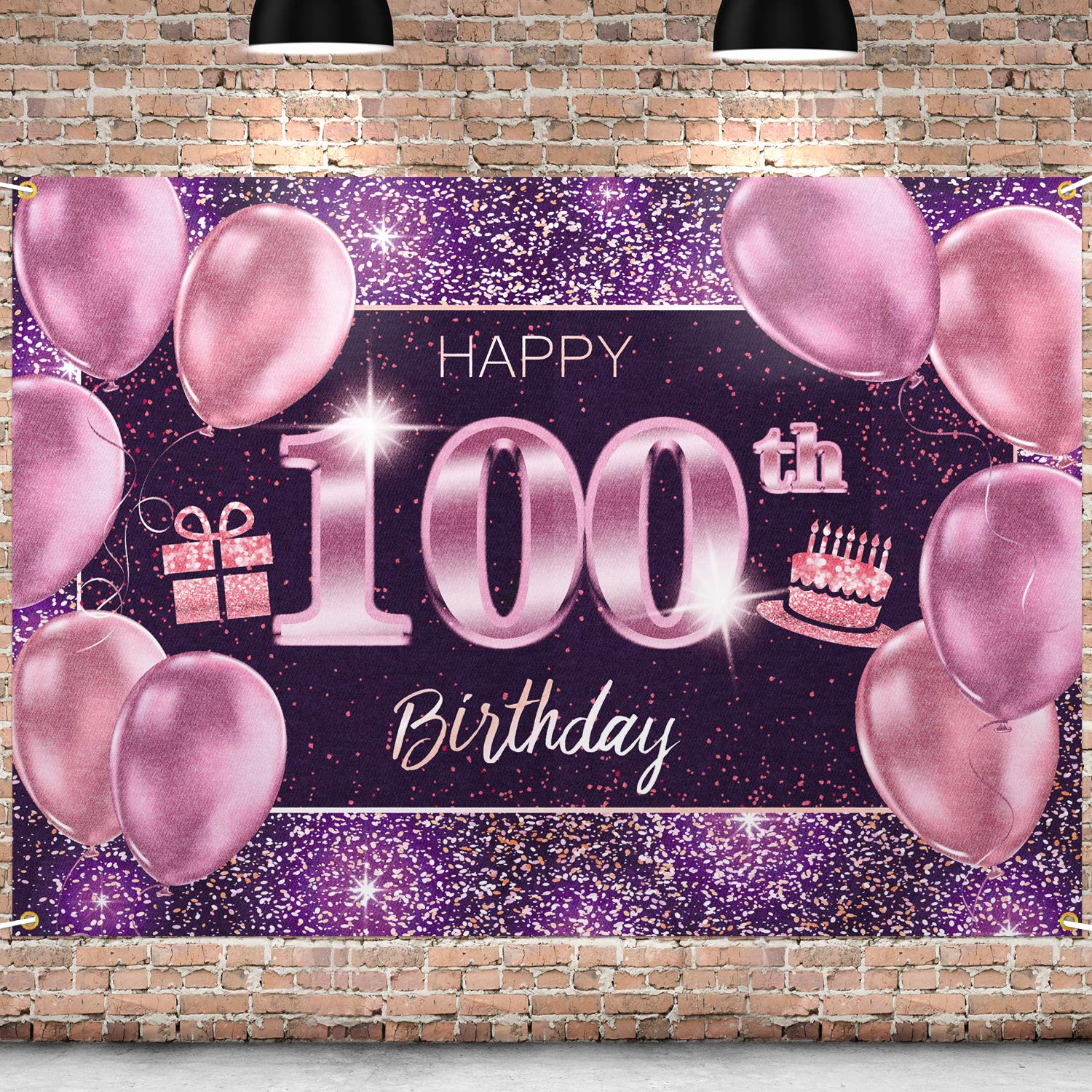 PAKBOOM Happy 100th Birthday Banner Backdrop - 100 Birthday Party Decorations Supplies for Women - Pink Purple Gold 4 x 6ft