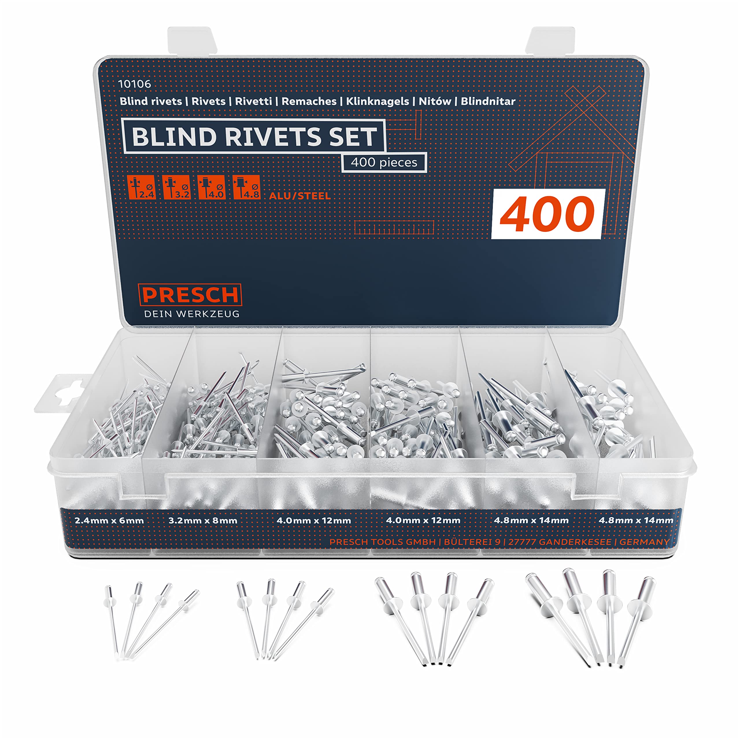 Presch Blind Rivets Assortment 400 pcs. - Complete Set of Aluminium/Steel Rivets in The Sizes 2.4 mm, 3.2 mm, 4.0 mm and 4.8 mm - High-Quality Blind Rivets for Metal