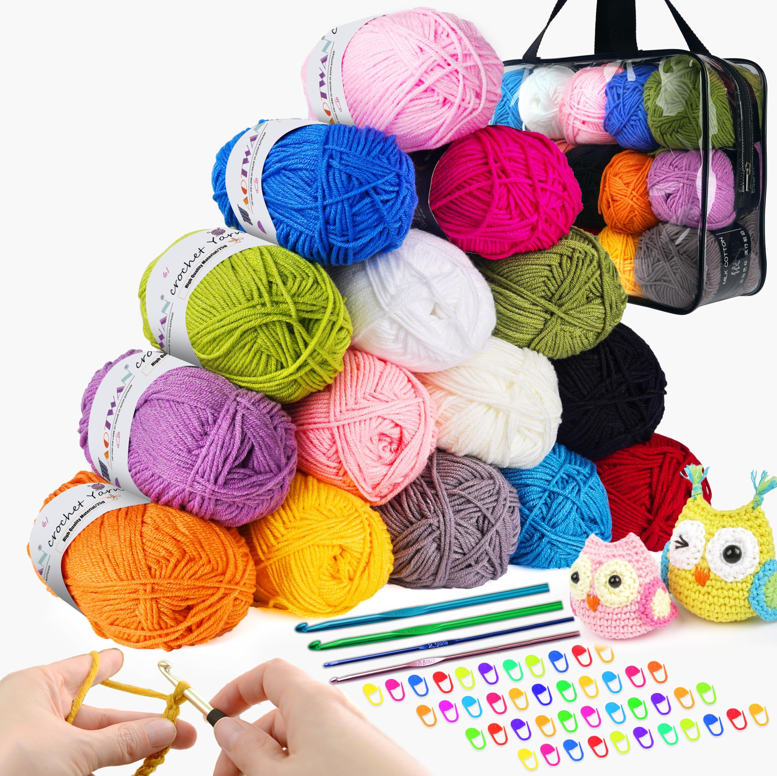 AOTWAN Crochet Yarn Knitting Wool 15Colors x 50g Acrylic Yarn Crochet Wool with Aluminum Crochet Hooks Stitch Markers Yarn for Crochet Kits for Beginners Adults Wool for Crochet Knitting and Crafts