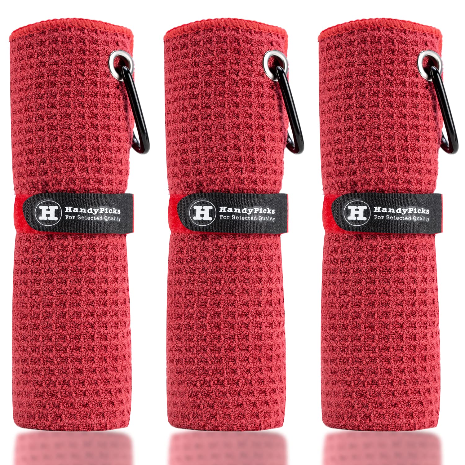 Handy Picks Microfiber Golf Towel (40 X 40CM) with Carabiner Clip, Waffle Pattern Golf Towel Hook and Loop Fastener - The Convenient Golf Cleaning Towel (Red)