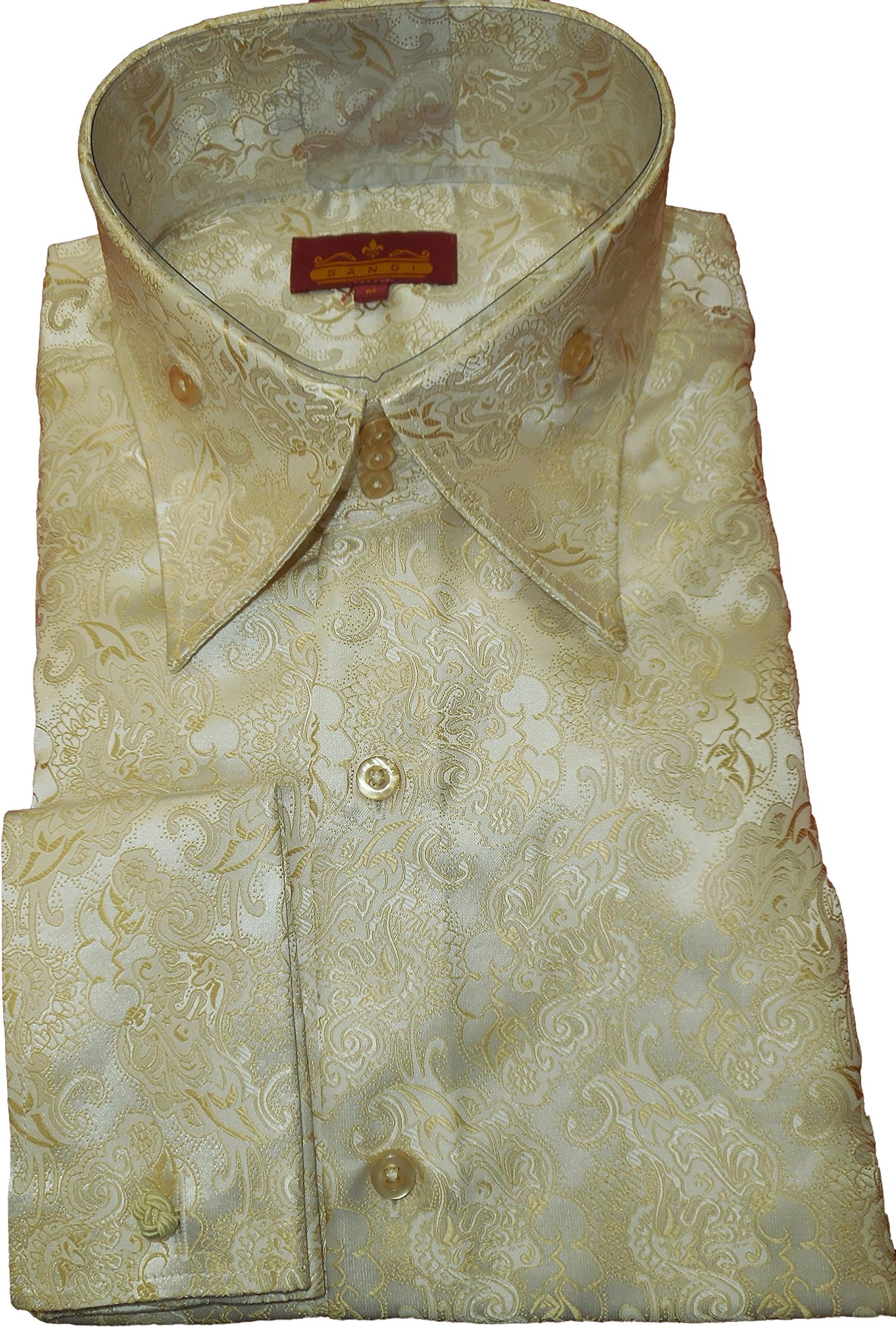 SANGI 1022 Mens Ivory Cream Ornate Royalty High Collar French Cuff Shirt