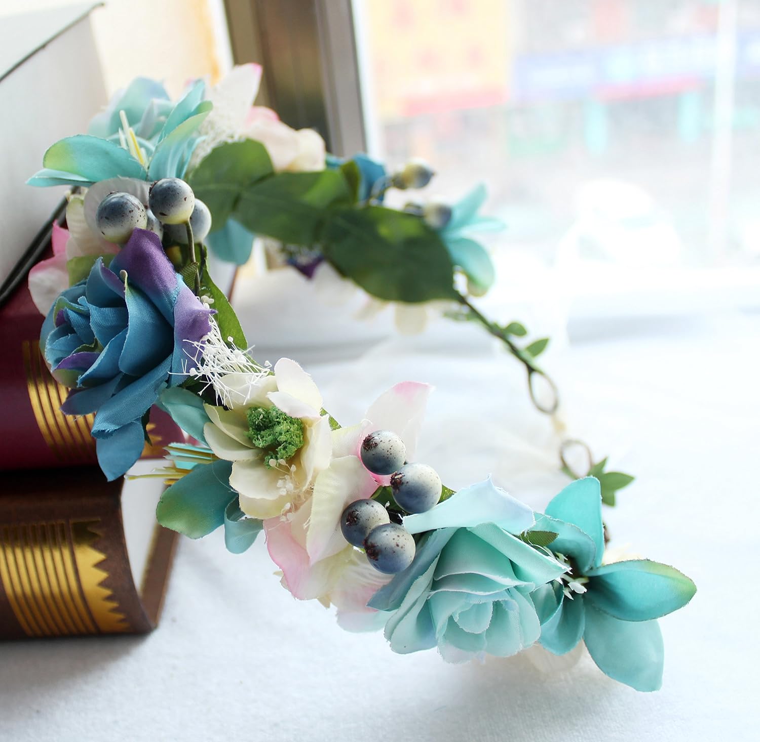 Floral Wreath Headband Bride Flower Crown Hair Wreath Hair Garland Flower Halo Floral Headpiece Boho with Ribbon Wedding Party Festival Purple, One Size - Image 5