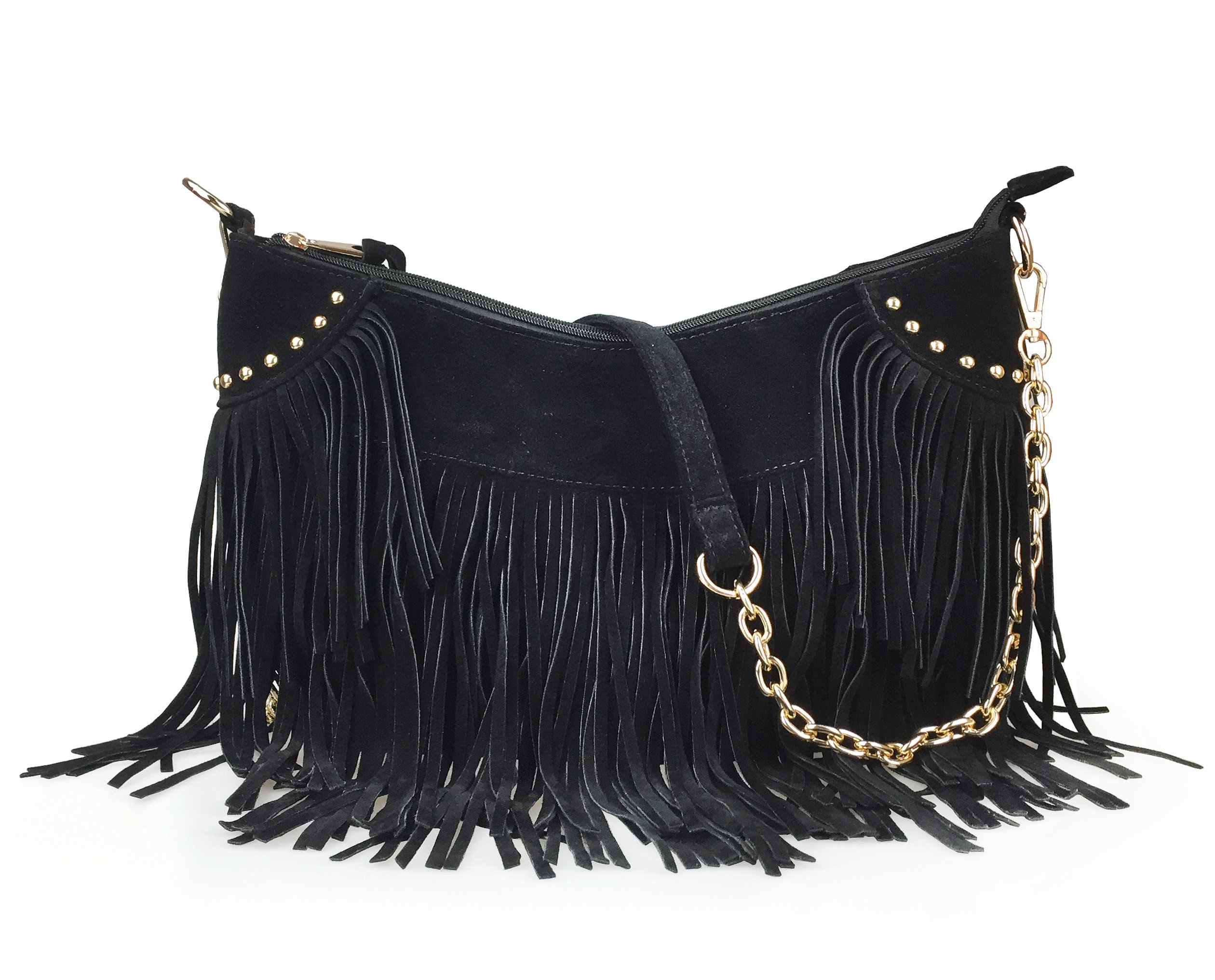 Hoxis Tassel Faux Suede Leather Hobo Cross Body Chain Shoulder Bag Women’s Satchel (Black)