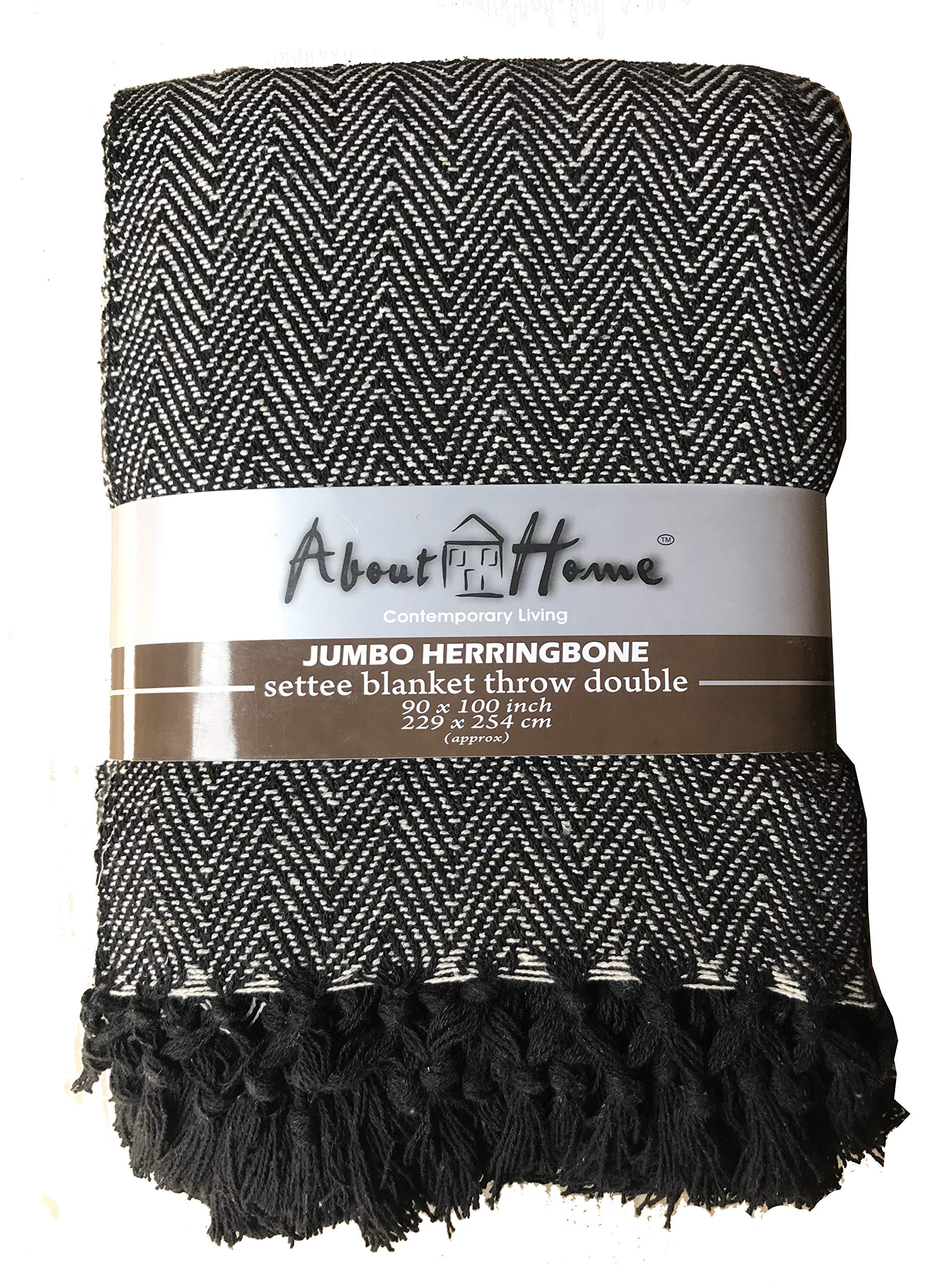 About Home Cotton Rich Herringbone Blanket Throw, Settee Cover (BLACK, 90"x100")