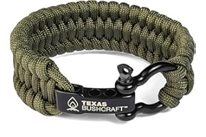 Texas Bushcraft Firecraft Cord Survival Bracelet – Paracord Bracelet with Bow Shackle for Camping and Emergency – 3 Extra Strands Include Wax Thread, Tinder, and Fishing Line