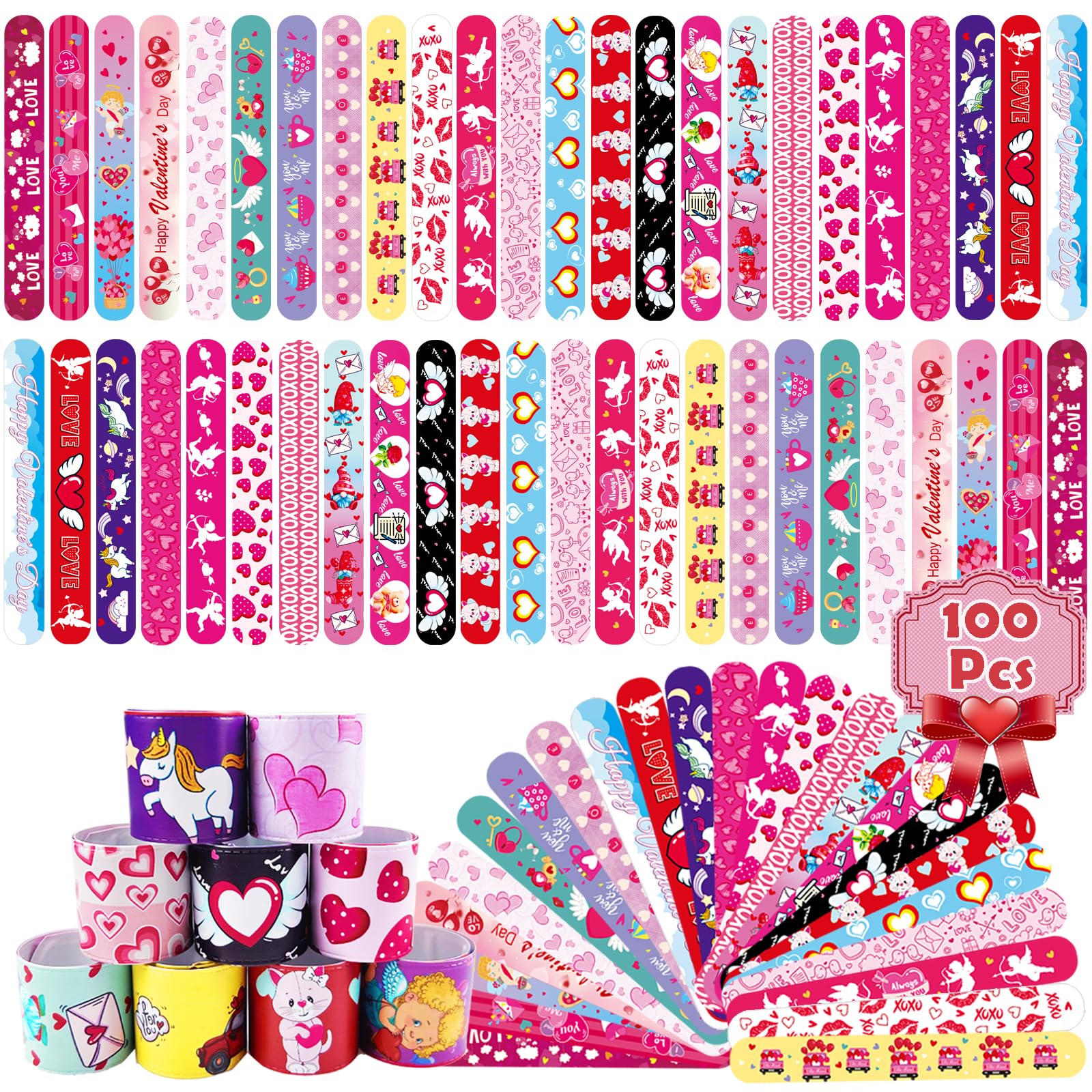 SUNPROUND 100Pcs Valentine's Day Slap Bracelets, Valentine Party Favors Snap Wristbands for Kids Exchange Gifts, Goodies Stocking Stuffers, Classroom Prizes