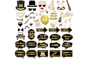 60th Birthday Party Photo Booth Props (51Pcs) for Her Him 60th Birthday Gold and Black Decorations, Konsait Big 60 Birthday P