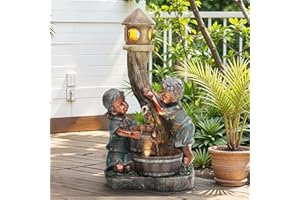 Autodaya 31" Resin Outdoor Water Fountain with LED Lights, Boy-Girl, Pagoda and Wood Barrel Garden Fountain, 3-Tier Cascading Waterfall for Tranquil Backyard, Patio or Porch, Faux Bronze Finish