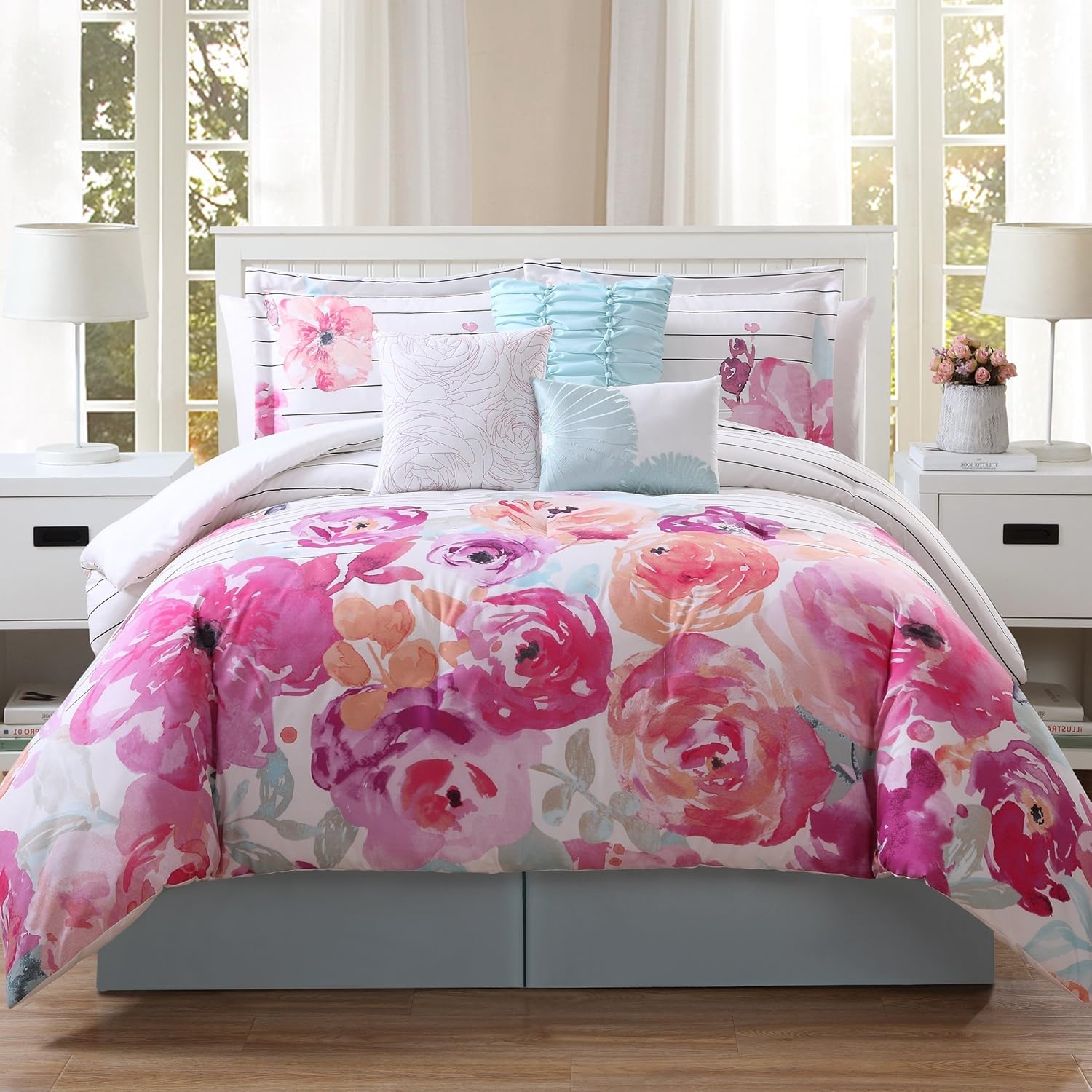 Amazon Com 7 Piece Elegant Pink Floral Print Design Comforter Set