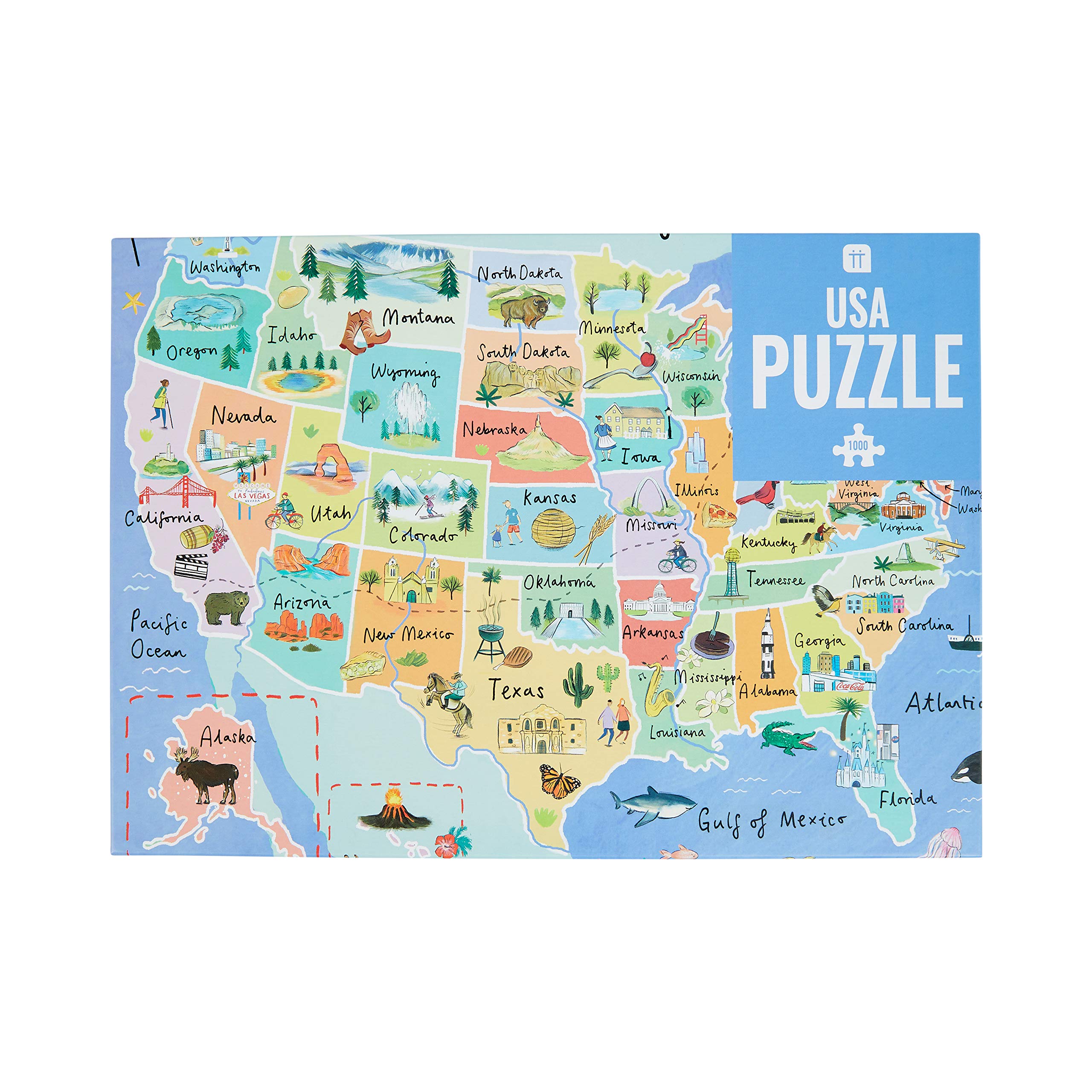 Talking Tables 1000-piece USA Jigsaw Puzzle with Poster-50 States Map-Illustrated American Landmarks-Fun at Home Family Activities, Birthday Present, Travel Gifts, Wall Art, PUZZLEUSA โ image 1