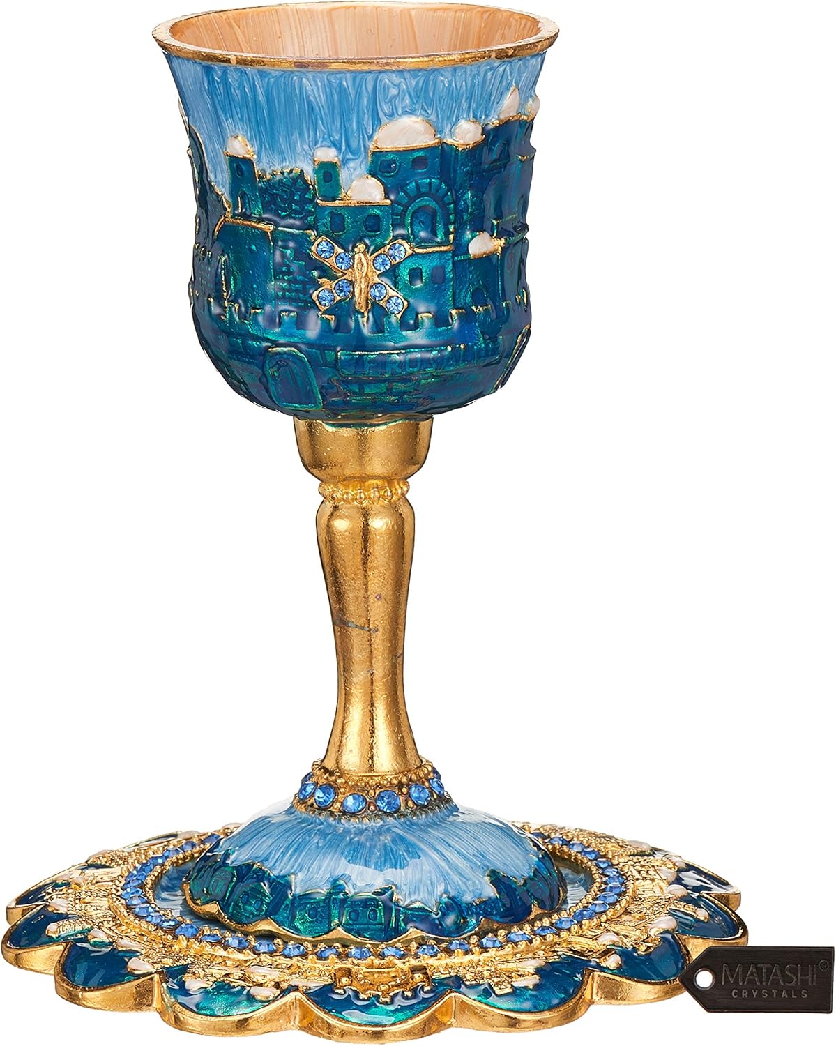 Matashi HandPainted Enamel Tall 5" Kiddush Cup Set with Stem and Tray Embellished