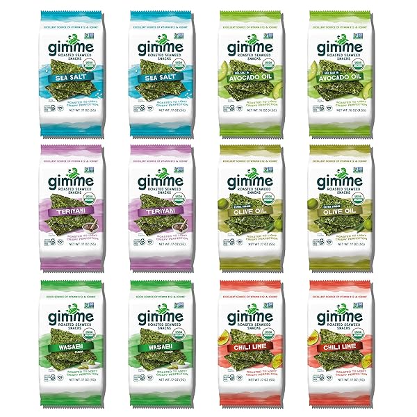 GIMME SEAWEED ORGANIC PREMIUM ROASTED SEAWEED SNACKS, NEW 6 FLAVOR VARIETY PACK, 12 COUNT (2 EACH) KETO, VEGAN, GLUTEN-FREE, SOURCE OF OMEGA3S AND IODINE, HEALTHY ON-THE-GO SNACK FOR KIDS AND ADULTS