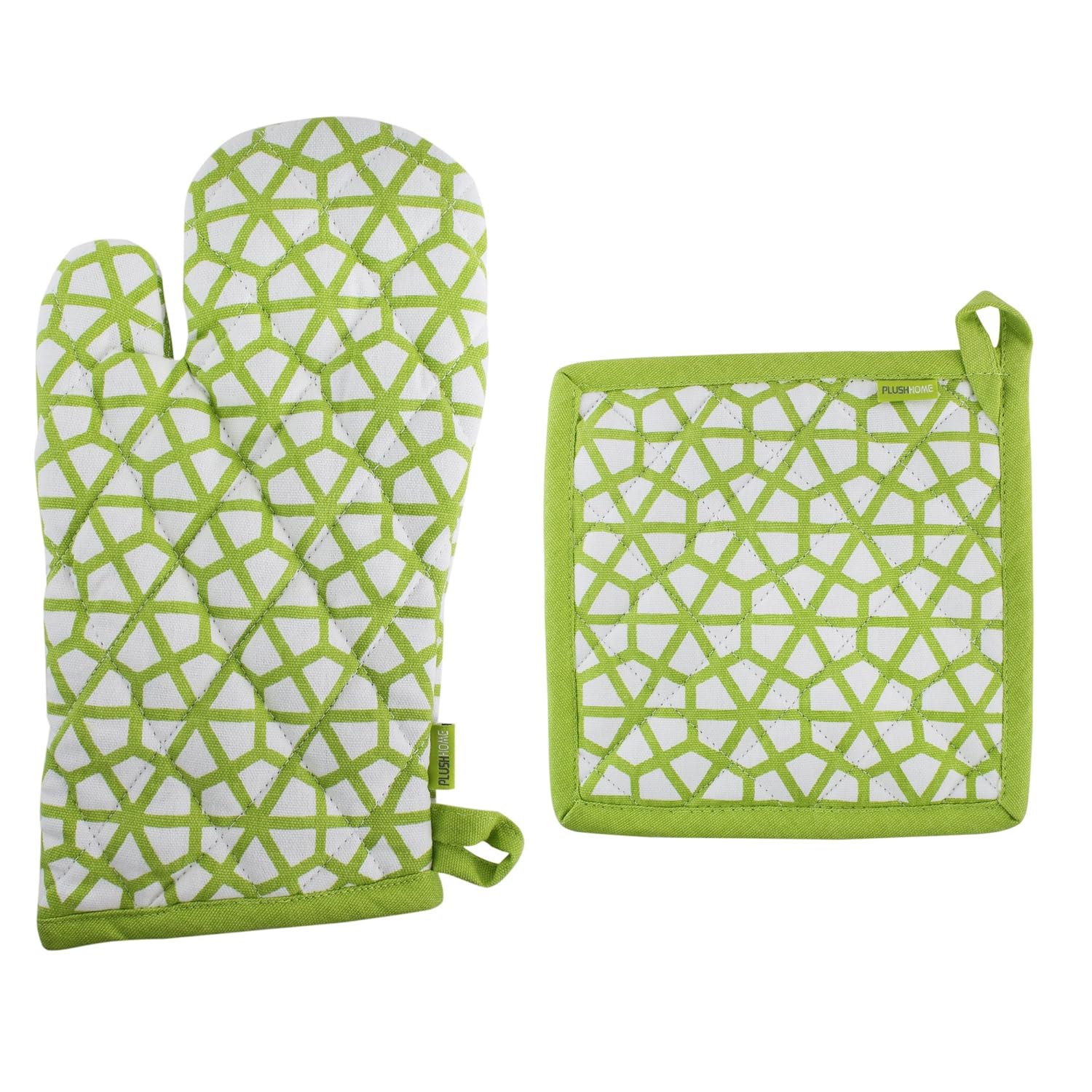 Pot Holder And Oven Mitt Set, 100% Cotton, Set of 1 Oven mitten of Size 7"X12 Inch & 1 Potholder of Size 8"X8 Inch, Eco - Friendly & Safe, Green, The Hive in Lime Design for Kitchen