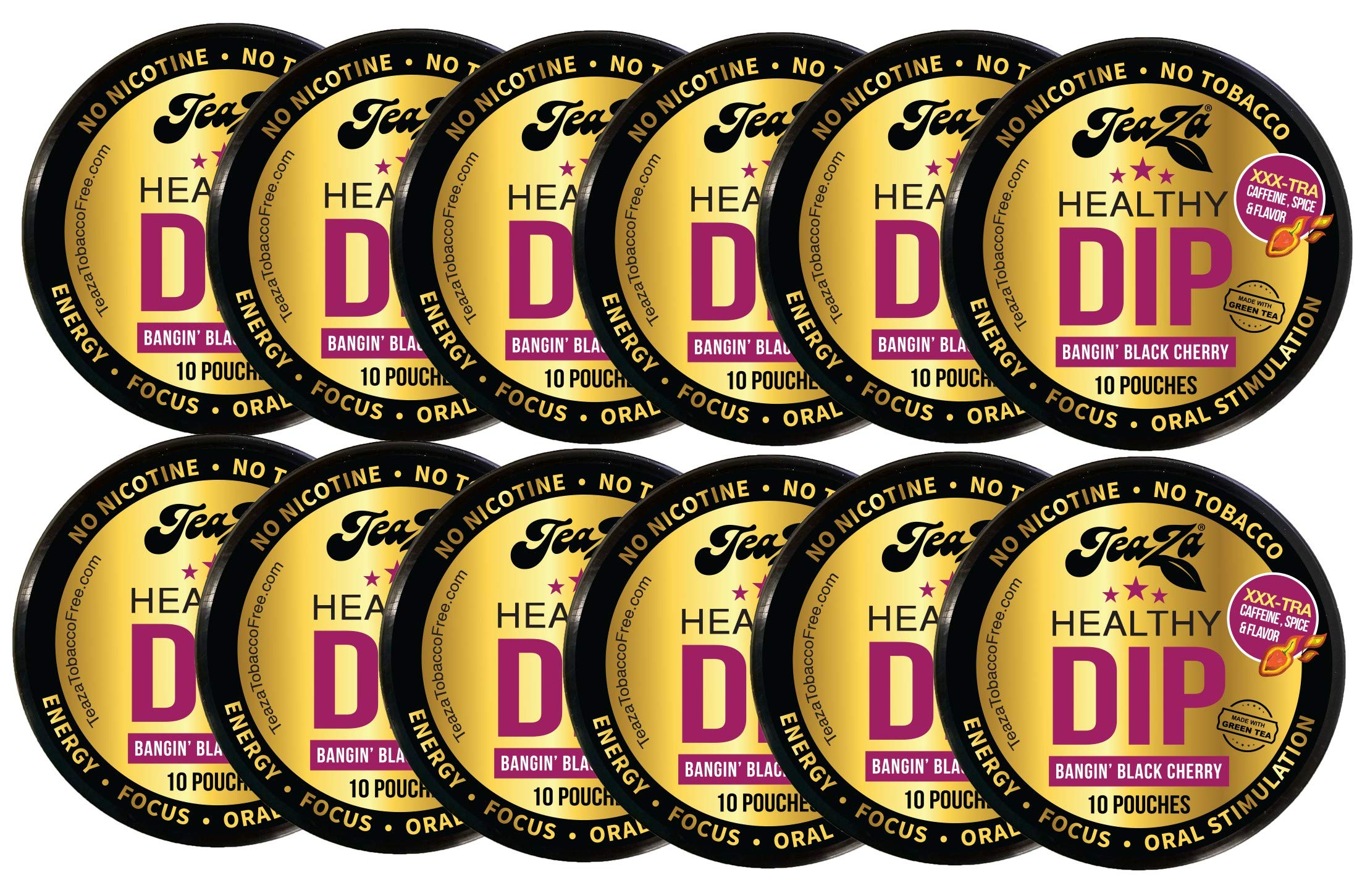 TeaZaEnergy Pouches, Smokeless Alternative Snuff Nicotine Free Tobacco Free & Healthy Dip Chewing Tobacco Alternative Have More Energy - Bangin' Black Cherry (12 Pack)