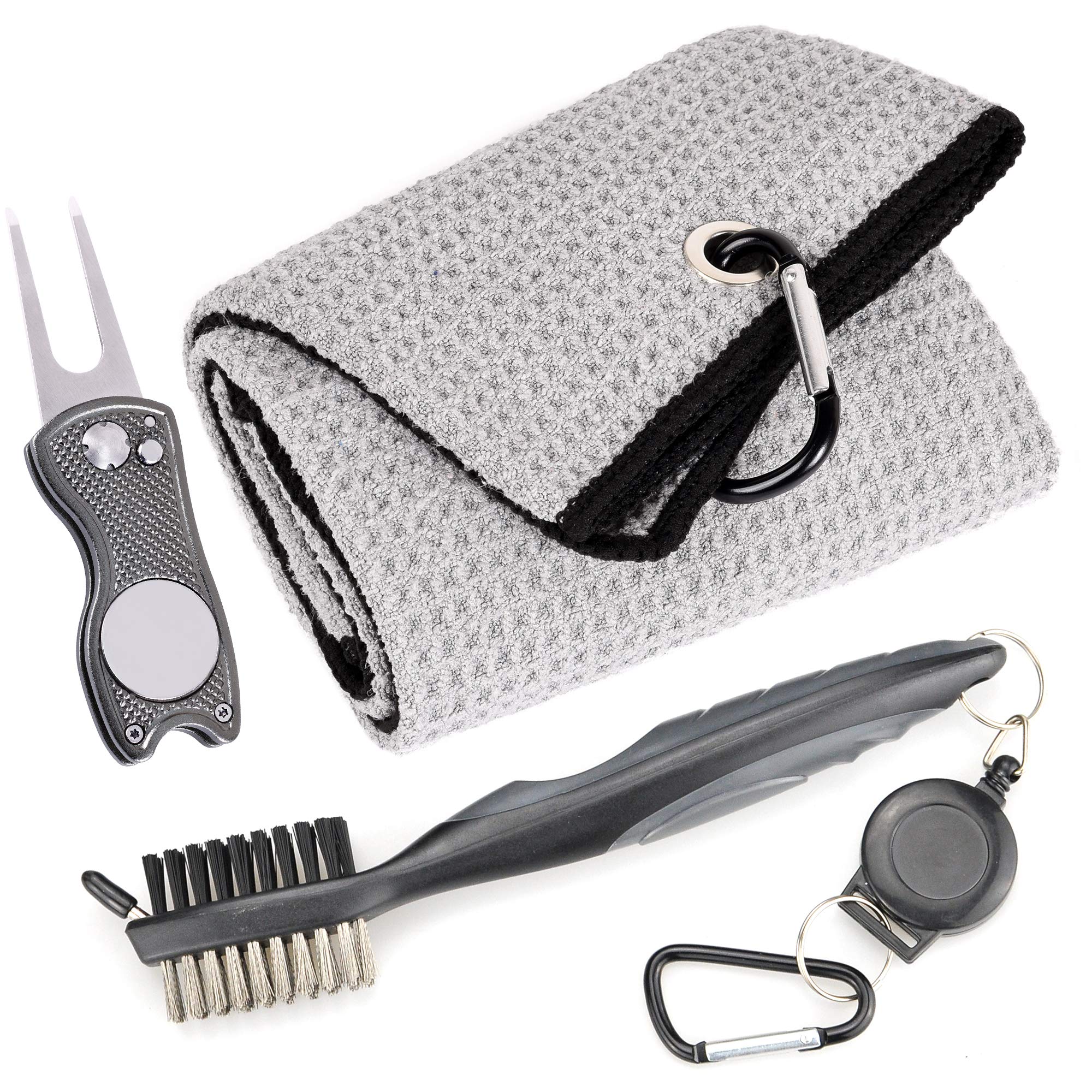 Mile High Life Microfiber Waffle Pattern Golf Towel | Club Groove Cleaner Brush | Foldable Divot Tool with Magnetic Ball Marker (Gray Towel/Brush/Fish Divot)