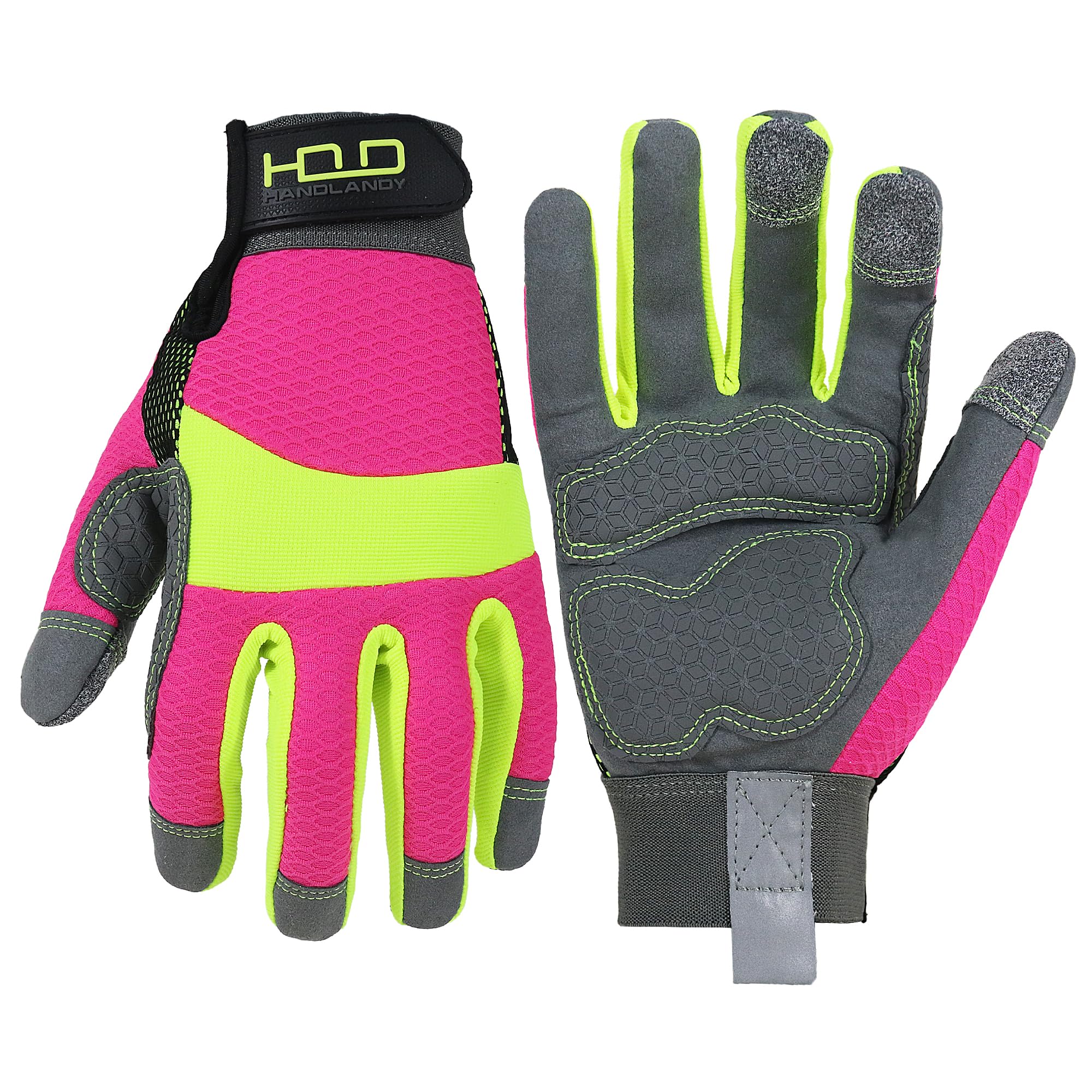 HANDLANDY Safety Work Gloves Men Women, Utility Padded Mechanic Builders Construction Warehouse Working Gloves Touch Screen Gardening Glove (Hi-vis Pink, L)