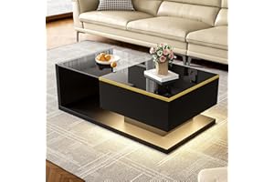 Merax 35.4" Long Rectangle Coffee Table, High-Gloss Living Room Center Table with Light Effect, 1 Cabinet Door and Open Stora