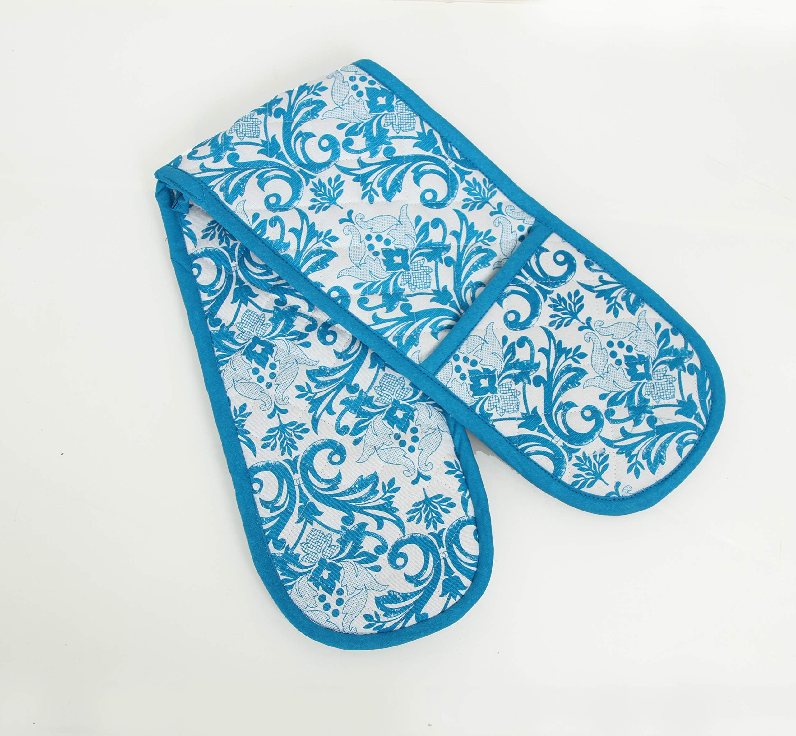 Smart Home, Traditional, Pretty Blue, 1 Piece, Long Double Oven Mitts Gloves, Heat Resistant, 100% Cotton, Extra Thick, Quilted