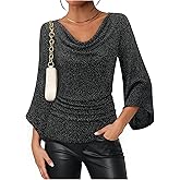 Gaharu Dressy Tops for Women Cowl Neck 3/4 Sleeve Sparkly Tops Work Evening Party Slimming Shirts