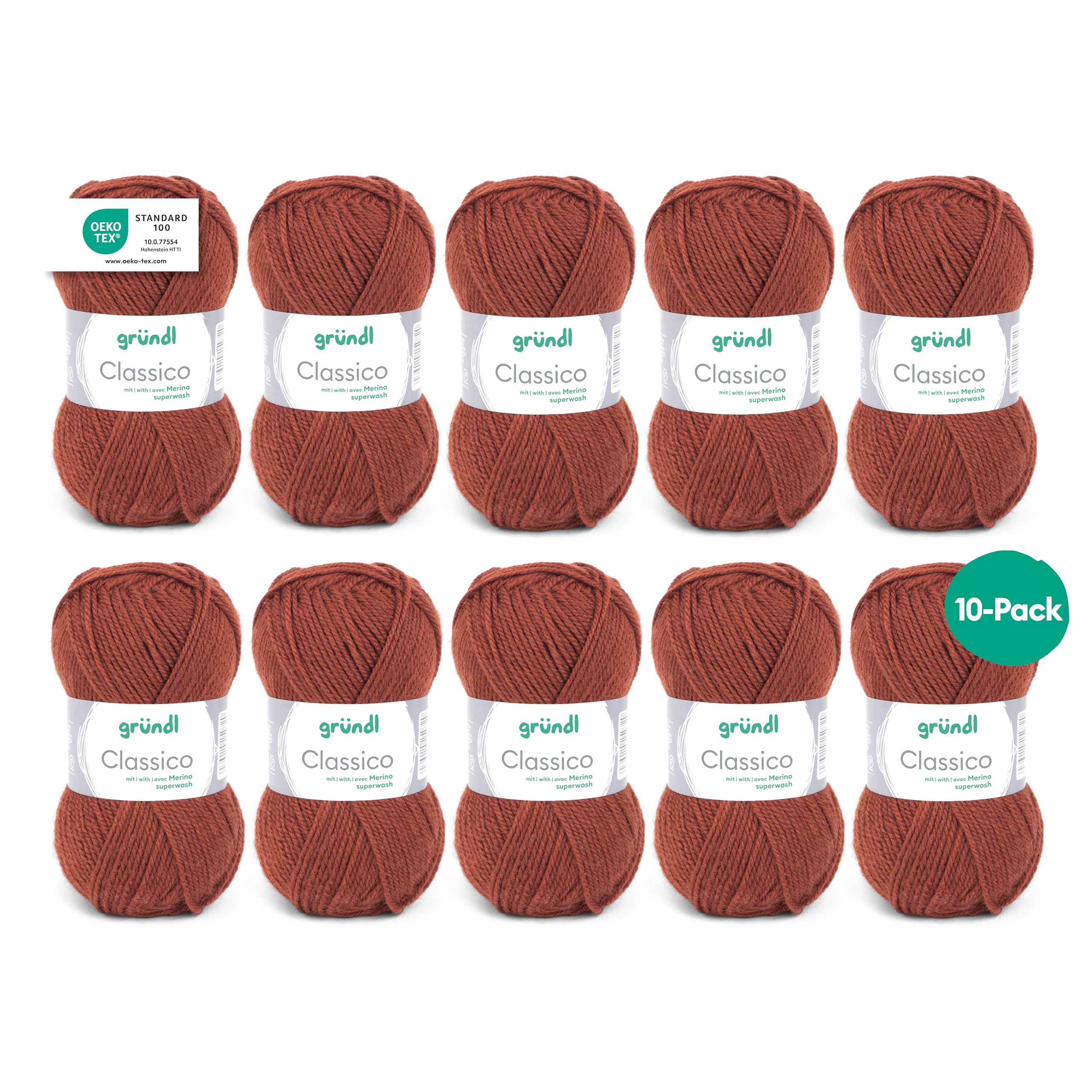 Gründl Classico Value Pack 10 Balls of Hand Knitting Yarn, Virgin Wool (Merino Superwash), 50% Polyacrylic, Medium Brown, 30 x 32 x 8 cm