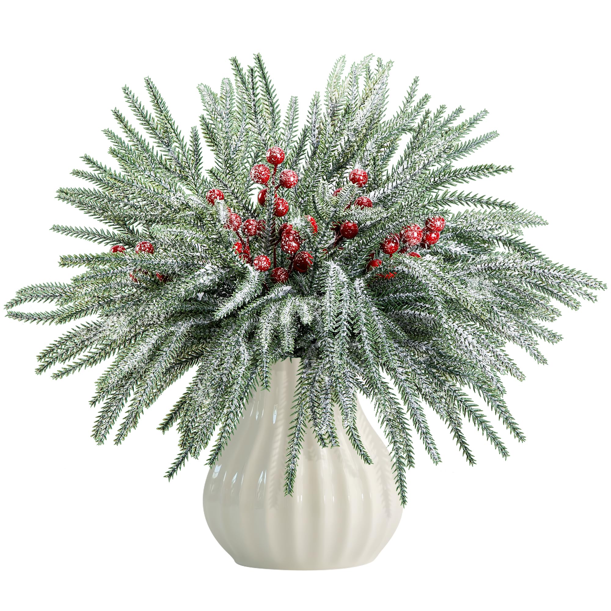 Photo 1 of 60 Pcs Christmas Snow Norfolk Pine Branches with Red Berry Stems, Snowy Artificial Xmas Branches Pine Tree Needle, Berries White Frosted Fake Greenery Norfolk Pines Stems Sprigs for Garland Home Décor