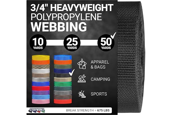 Strapworks Heavyweight Polypropylene Webbing - Heavy Duty Poly Strapping for Outdoor DIY Gear Repair, 3/4 Inch by 10, 25, or