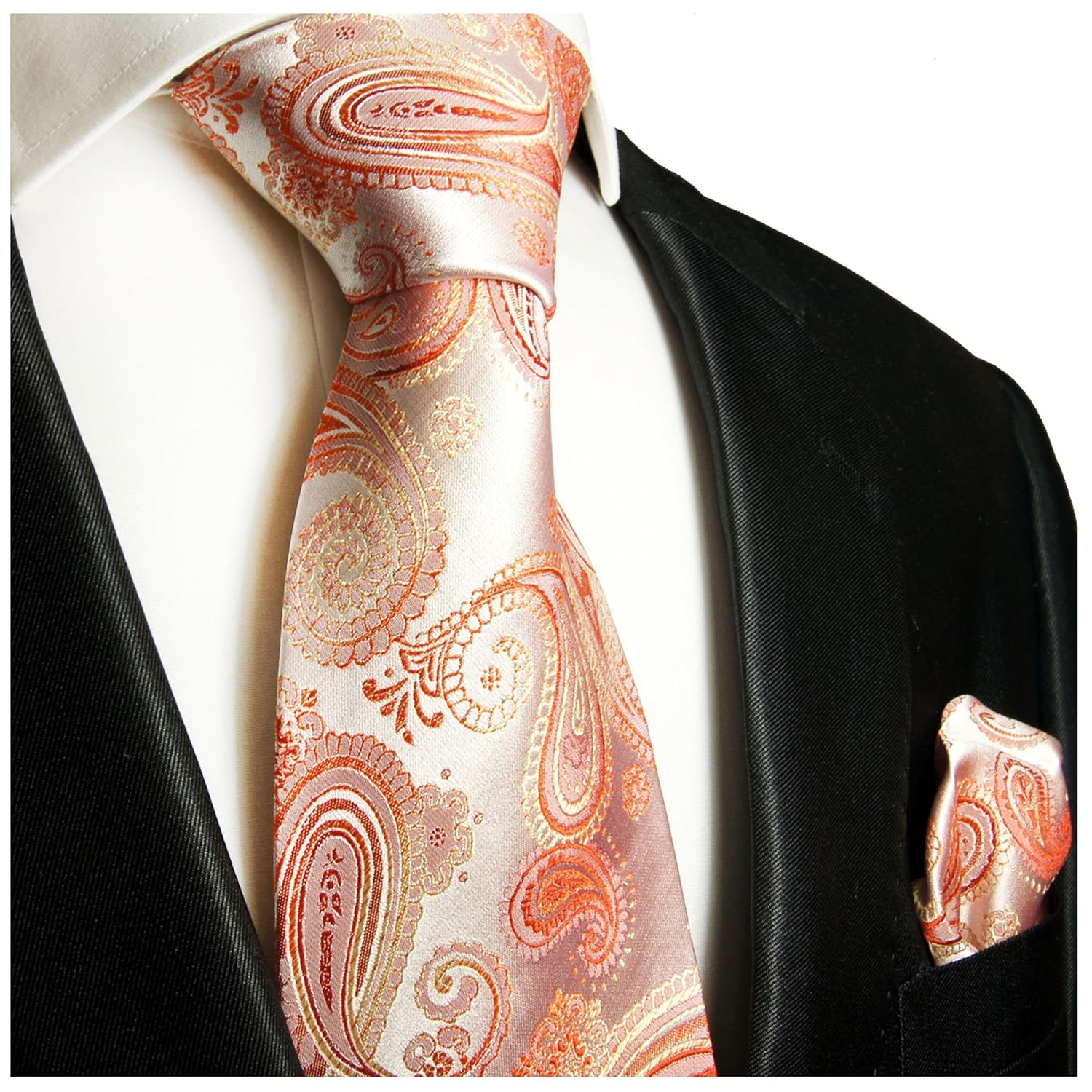 Krawatte koralle paisley Seide schmal 6cm mit Einstecktuch//Herren Seidenkrawatte Paul Malone