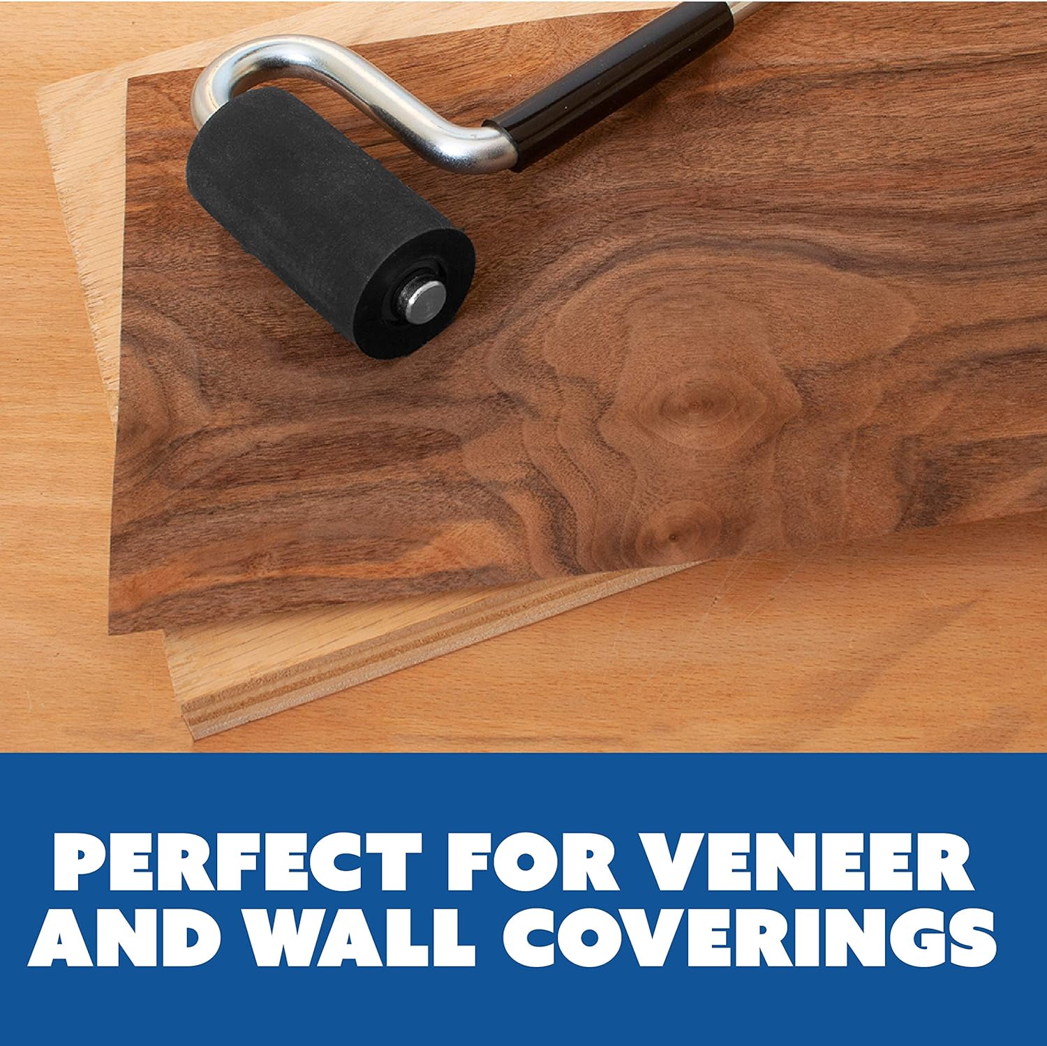 Long Handle J Roller with Thick Rubber Roller 1-1/2” in Diameter by 2-7/8” Wide For Veneers Laminate Wall Coverings and Edge Banding for Maximum Pressure Adhesion - - 