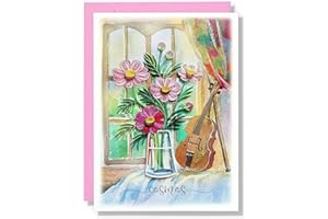 TUMYBee Cosmos Quilling Card, Handmade Floral Card for Birthday, Anniversary, Large 5in x 7in