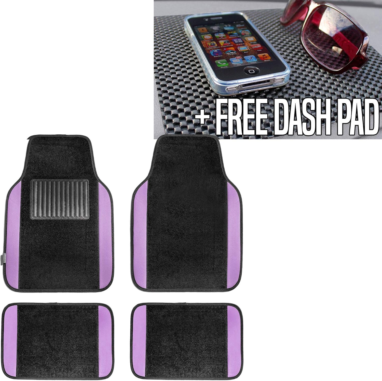 TLH Carpet Floor Mats with Colored Trim, Purple Color w/Black Dash Pad
