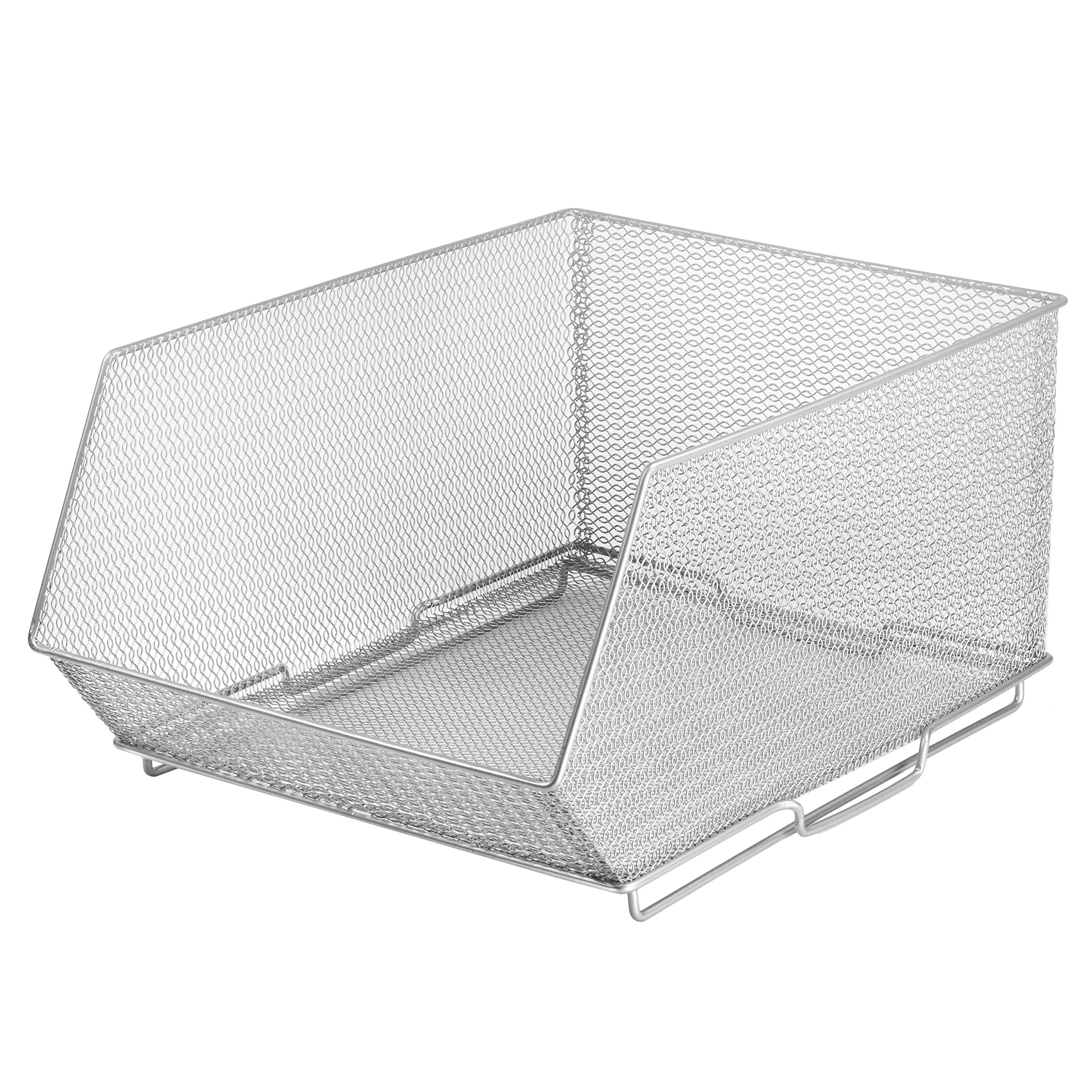 YBM HOME Mesh Stacking Bin Storage Containers for Kitchen Pantry, Cabinet and Shelves, Metal Wire Basket Rack for Fruits and Veggies, Crafts, Toys & Cleaning Items - 1 Unit, Large 15x11x8 Silver