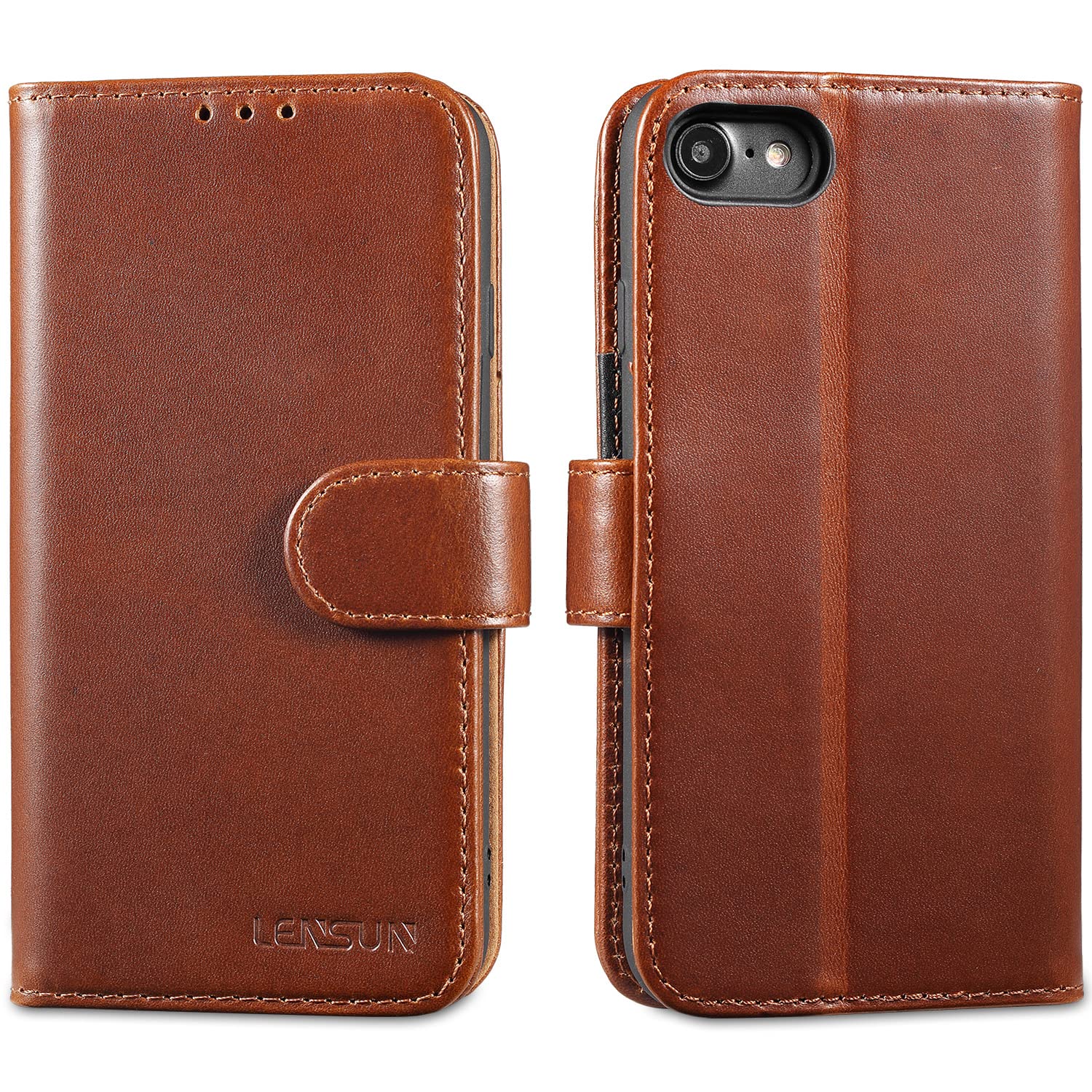 LENSUN Case for iPhone SE 2022/2020/8/7, Genuine Leather Flip Wallet Phone Cover Shockproof Folio [RFID Blocking] with Card Holder for iPhone 7/8/SE 2022/2020 - Dark Brown
