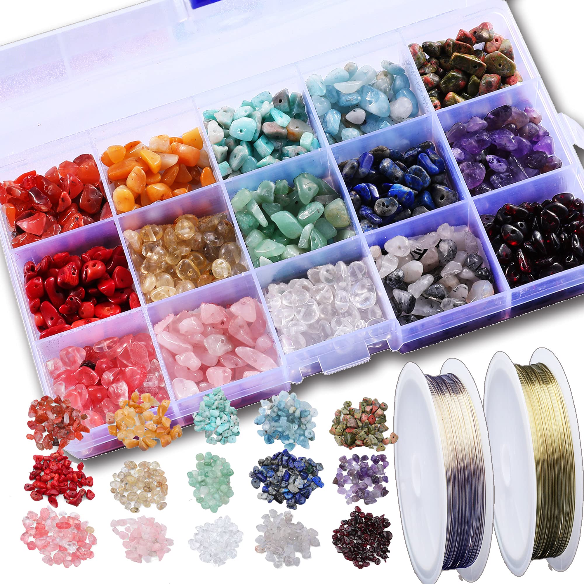 SOSMAR Gemstone Beads Jewellery Making Kit, Natural Chip Stone Beads 5-10mm Drilled Stones Amethyst Chips/Rose Quartz/Agate for Healing Bracelets Crystal Necklace, Crystal Ring
