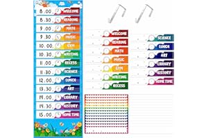 Daily Schedule Pocket Chart, Classroom Chart with 13+1 Pockets, 26 Reusable Cards (13 Double Sided Printed Cards & 13 Blank O