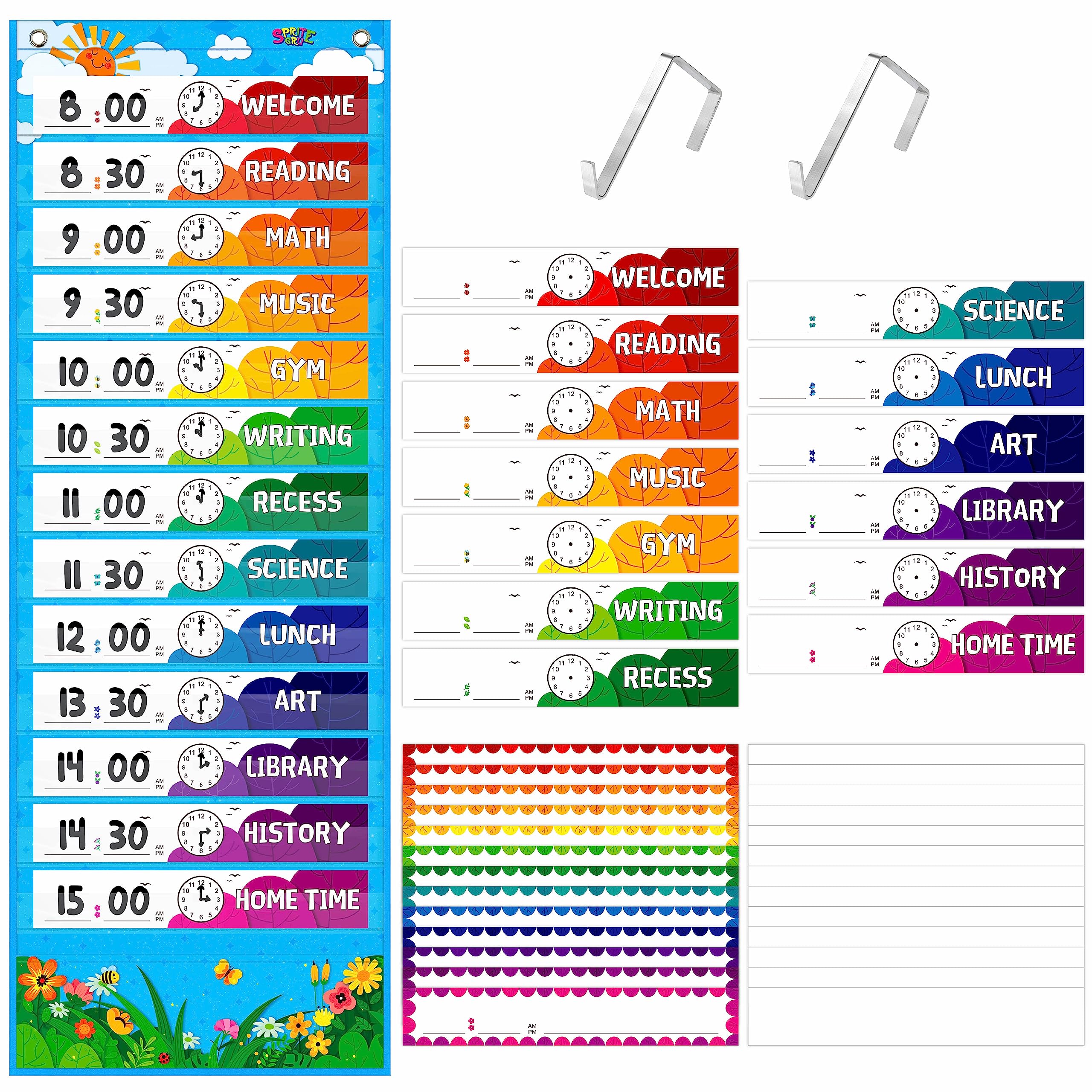 Photo 1 of Daily Schedule Pocket Chart, Classroom Chart with 13+1 Pockets, 26 Reusable Cards (13 Double Sided Printed Cards & 13 Blank Ones) plus 2 Metal Mounting Hangers (Blue Sky, 13” x 36”)