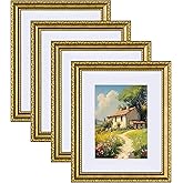 eletecpro 8x10 Picture Frames Set of 4, Gold Frames 8 x 10 with Glass Cover, Vintage Photo Frame Displays 5x7 Photo with Mat or 8x10 without Mat for Tabletop or Wall Decor, Gold