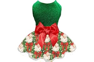 MIIEMIU Christmas Dog Dress, Festive Holiday Pet Outfit, Shiny Green Top with Glittery Red Bow and Santa Claus Print Skirt for Boys and Girls Small Puppies