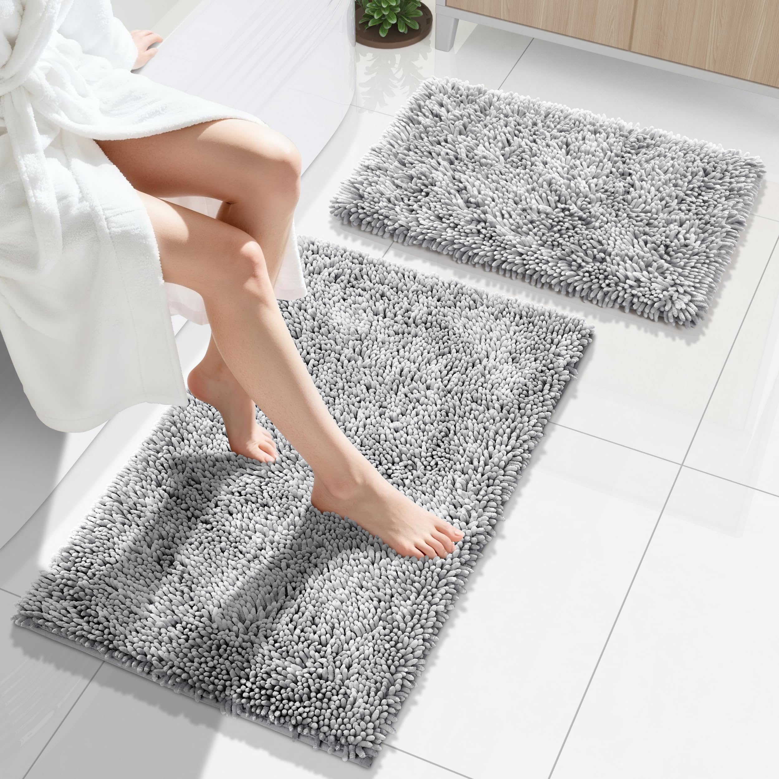 Photo 1 of Yimobra Bathroom Rug Set 2 Piece, Luxury Shaggy Bath Mat Set with Non Slip Backing, Ultra Soft & Absorbent Mats for Bathroom Floor, Machine Washable, 31.5"x20"+24"x17", Light Grey
