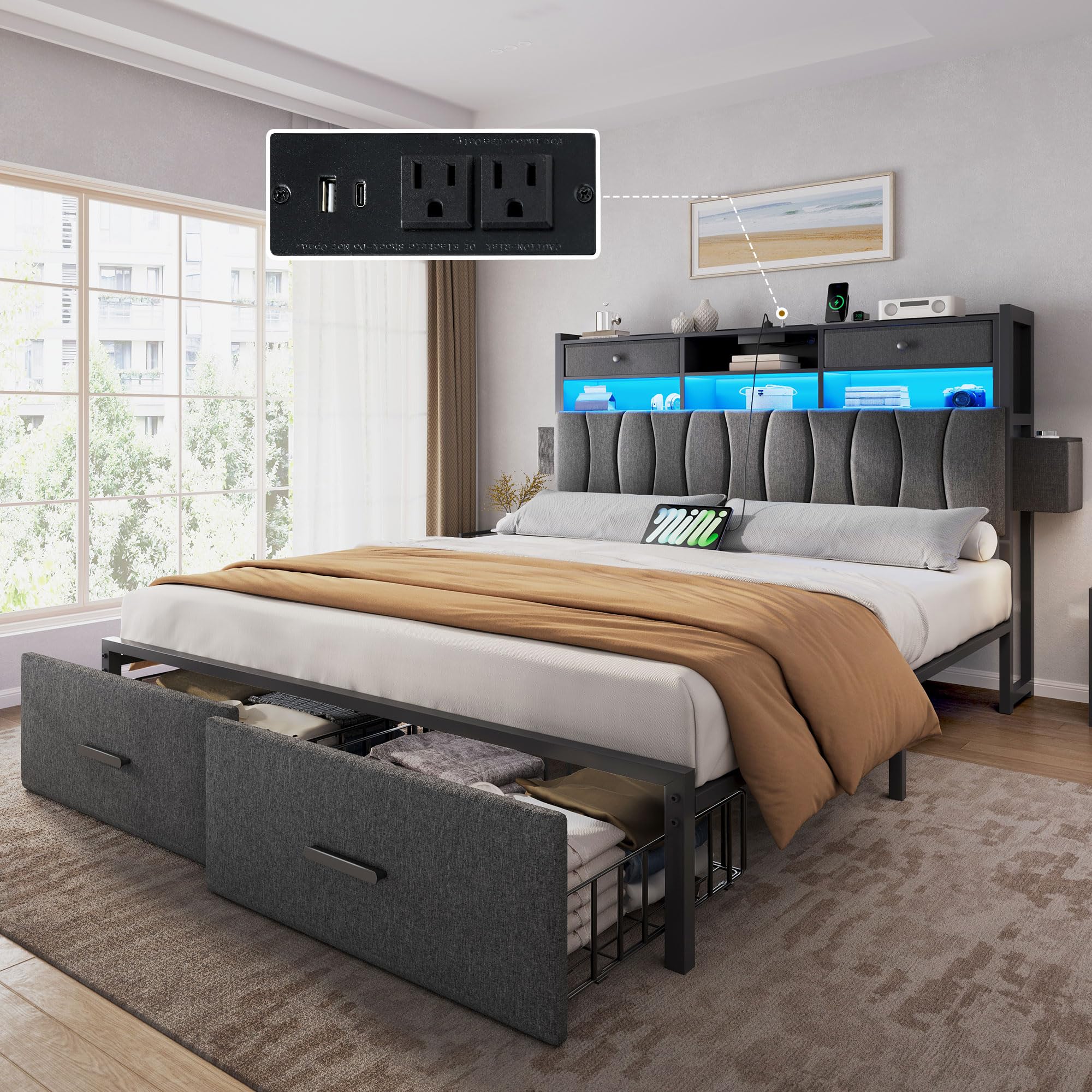 Photo 1 of 2 BOX SET - - YITAHOME Full Size Bed Frame with 2 Storage Drawers and Charging Station, Linen Upholstered Bed with Storage Headboard and LED Light, Heavy Duty Metal Support, No Box Spring Needed, Noise Free, Grey