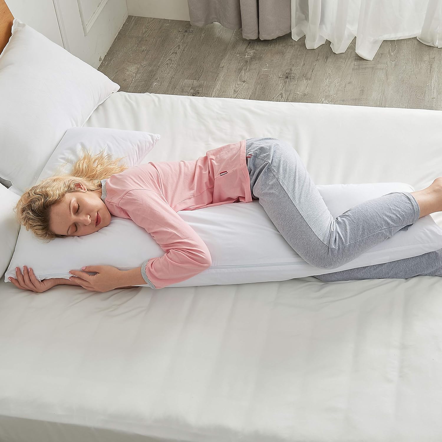 Cheer Collection Hypoallergenic Premium Total Body L Shaped Long Pillow with Zippered Cover for Side Sleepers, Pregnancy Support - White : Baby