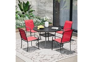 VOXBIN 5 Pieces Patio Dining Set, 41" Round Dining Table with Umbrella Hole, 4 Stackable Textilene Fabric Chairs, Metal Structure for Patio, Porch, Garden(Black Table, Red Chair)