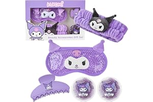 Hello Kitty Sanrio Kuromi Beauty Set for Women, Teens with Cooling Gel Eye Mask, Plush Skincare Headband, Claw Clip, Eye Pads, Kawaii Gifts for Women (Purple Kuromi)