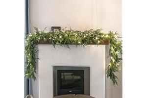 MISSPIN 6ft Christmas Garland with LED Lights, Real Touch Norfolk Pine Garland, Green Artificial Greenery Garland for Table, Mantle, String Light, Wall, Indoor, Outdoor Christmas Decorations