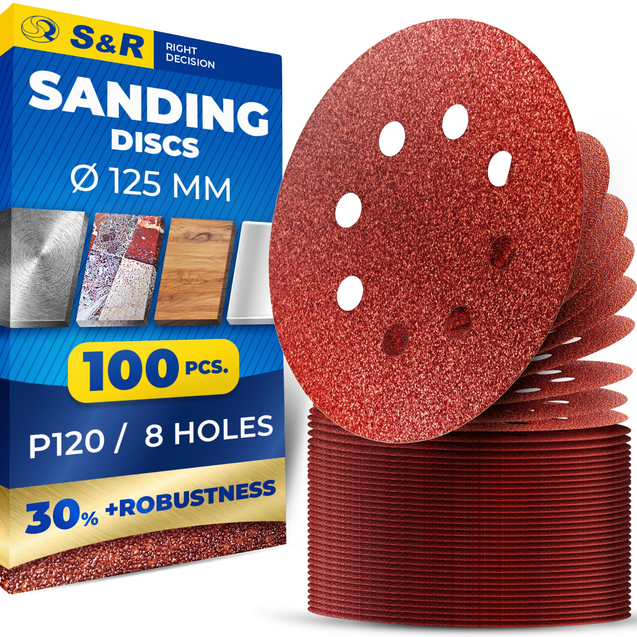 S&R Hook-and-Loop Sanding Paper Set, 125 mm, Meister, 8 holes, 100 sheets, grit P120, sanding sheets, sanding discs for random-orbit sanders, hook-and-loop sanding paper — image 1